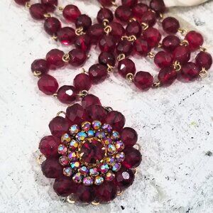 Antique Garnet Red Czech Glass Pins Beaded Necklace Pendant Brooch AB Flower